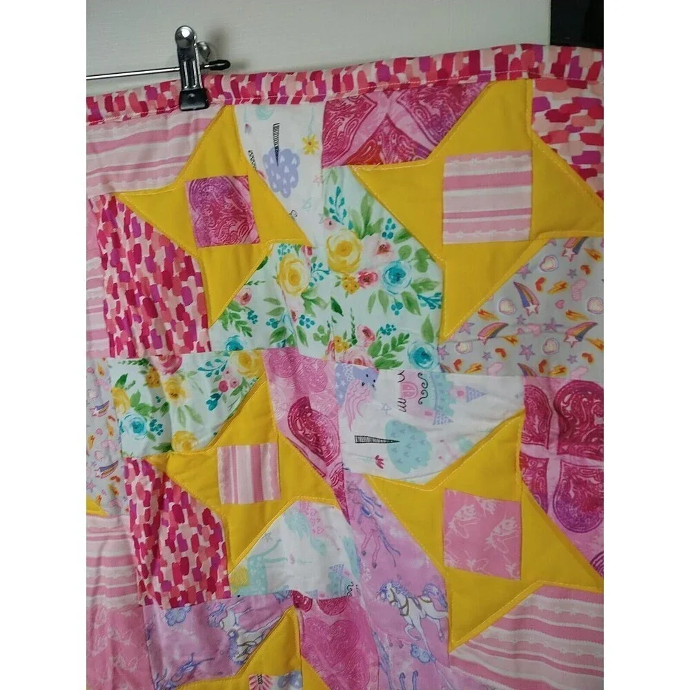 Handmade unicorn Rainbow Flower Heart Quilted Girls Lap/baby Quilt Size37.5